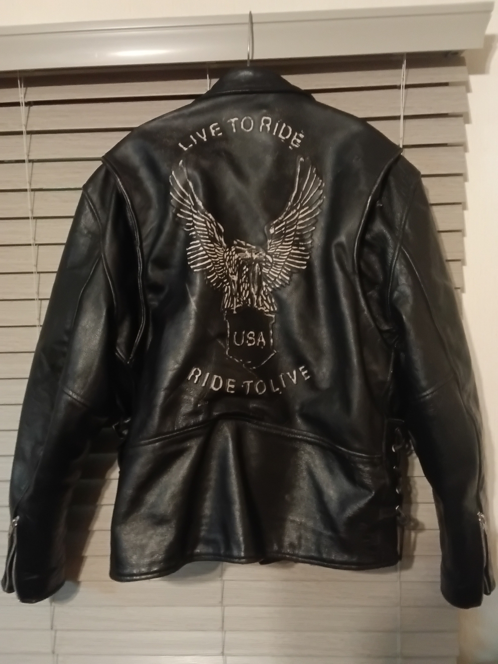 Black Leather Biker Jacket with Eagle Back Embroidery